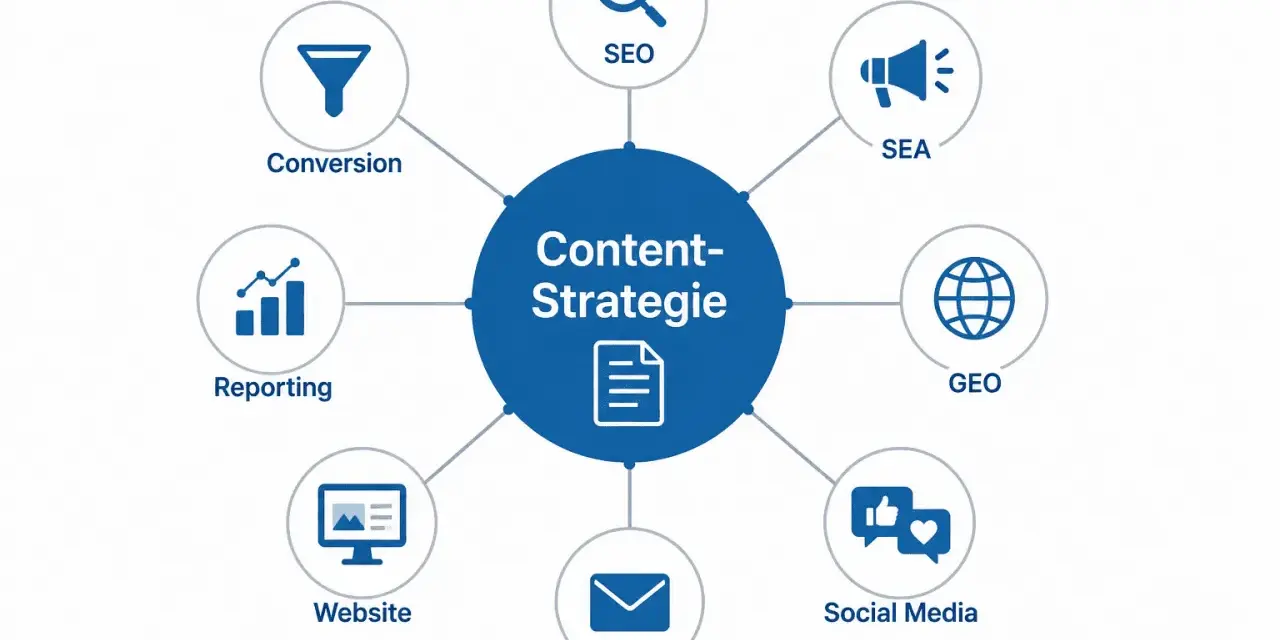 Diagramm zeigt die Elemente einer Content-Strategie: SEO, SEA, GEO, Social Media, E-Mail, Website, Reporting und Conversion. Content Optimierung ist der Schlüssel.