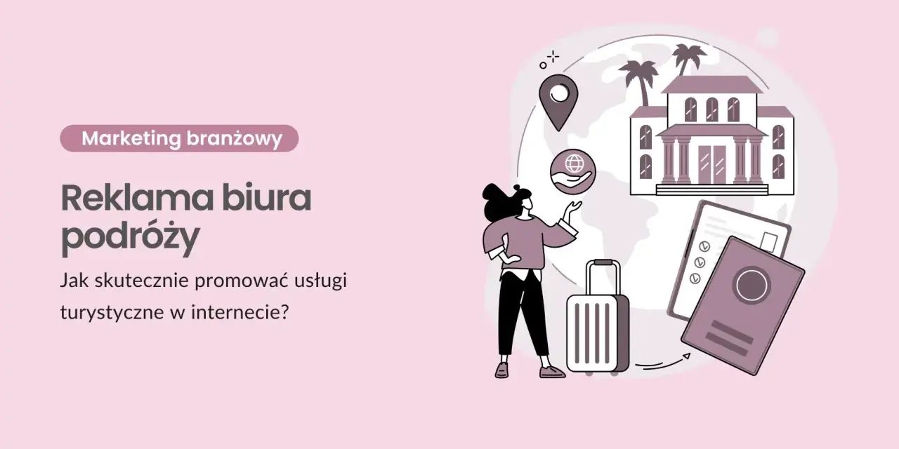 Ilustracja przedstawia kobietę z walizką, paszportem i ikonami podróży na tle globu.
