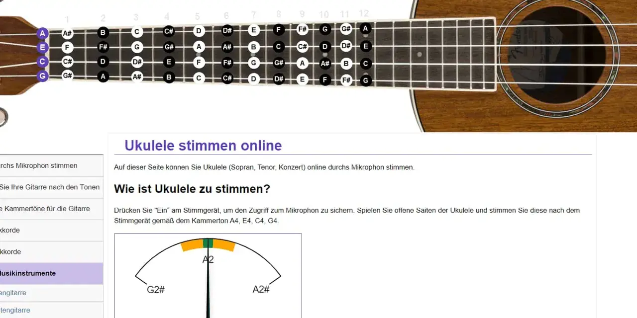 Bariton Ukulele Stimmung: Online-Stimmgerät zeigt Noten auf dem Griffbrett. Perfekt für Anfänger!