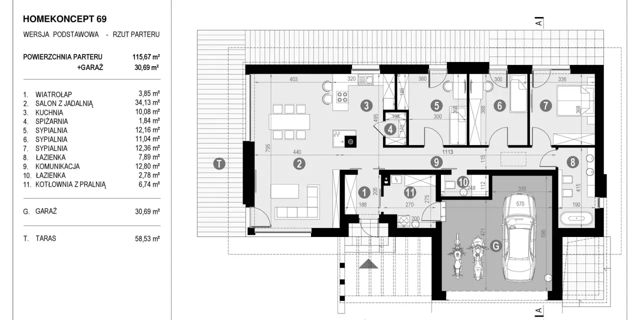 Rzut parteru projektu HOMEKONCEPT 69 z salonem, kuchnią, sypialniami, łazienkami, kotłownią, garażem i tarasem.