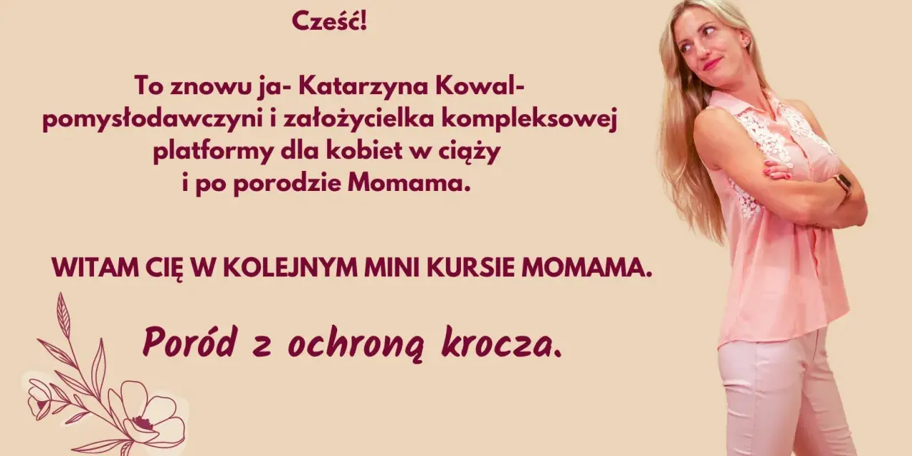Kobieta w różowej bluzce zaprasza na kurs "Poród z ochroną krocza". Dowiedz się, jak uniknąć pęknięcia krocza.