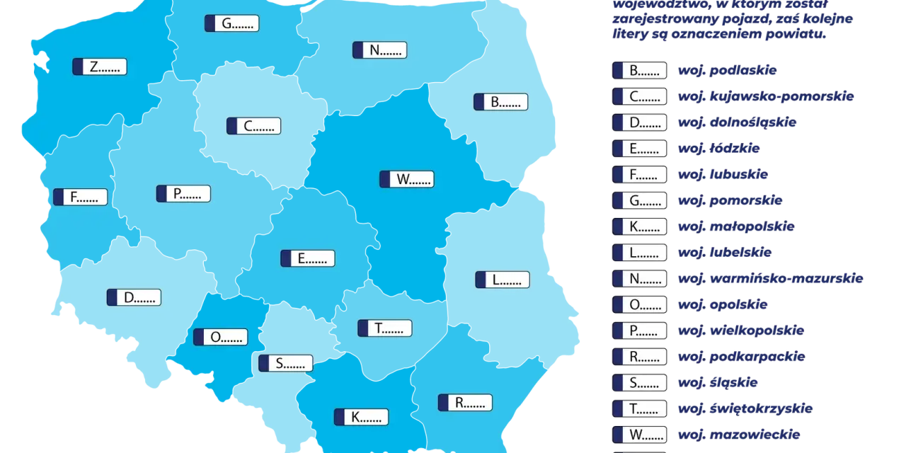 Mapa Polski z zaznaczonymi województwami i literami, które oznaczają ich **eop rejestracja**. Objaśnienie liter znajduje się po prawej stronie.