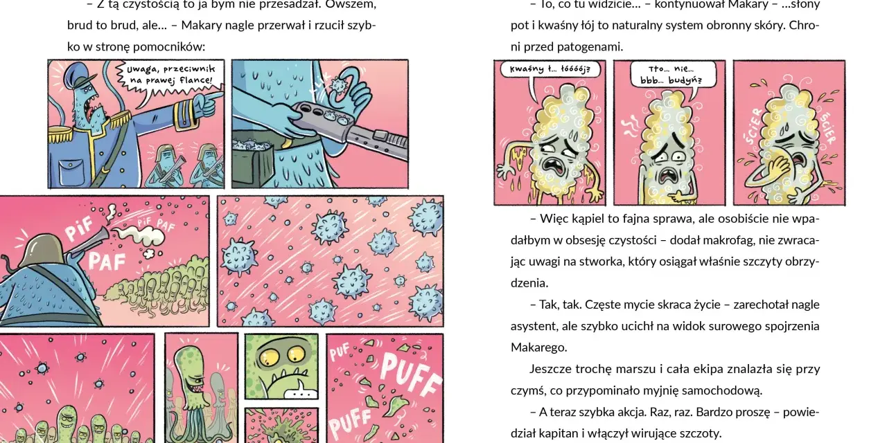 Komiksowa ilustracja z potworami w mundurach i wirusami.