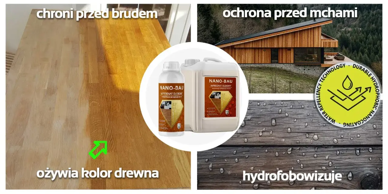 Bielenie drewna i jego ochrona przed brudem i mchami. Impregnat Nano-Bau ożywia kolor drewna i nadaje mu właściwości hydrofobowe.