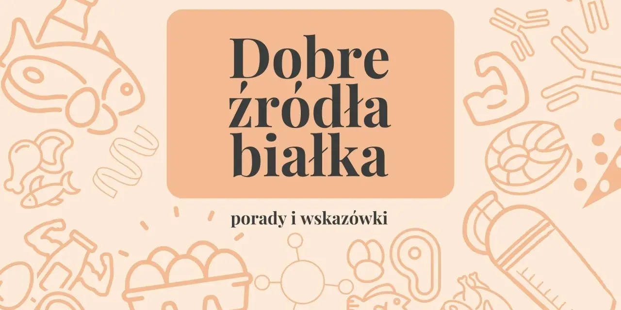 Ilustracja przedstawia różne produkty spożywcze, takie jak ryby, jajka, mięso i mleko, które są dobrymi źródłami białka.