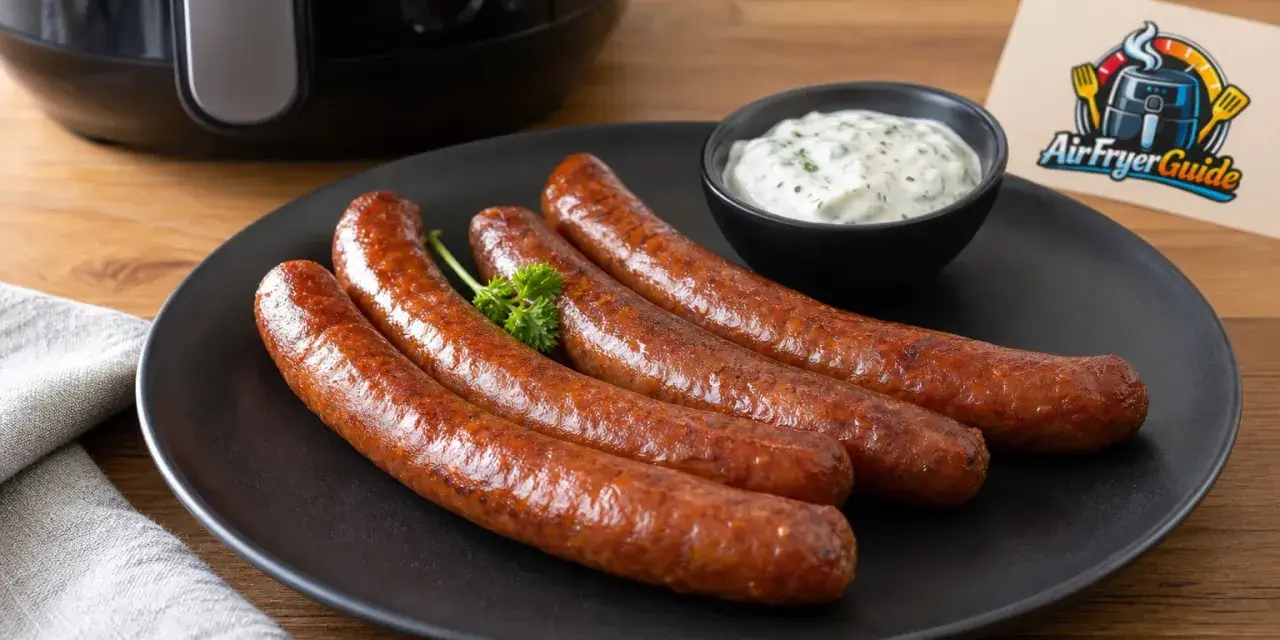 Vier gebratene Merguez-Würste auf einem Teller, serviert mit Dip. Ein Airfryer-Guide-Logo ist im Hintergrund zu sehen. Perfekt für ein schnelles Merguez Rezept.