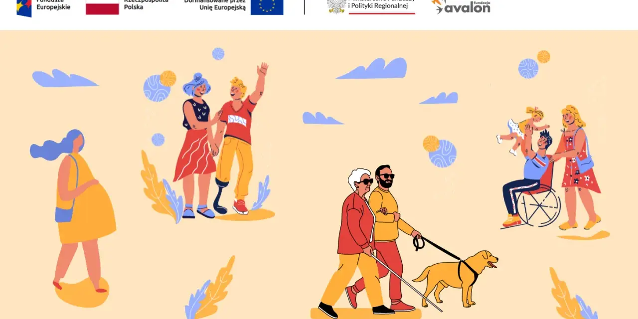 Ilustracja pokazuje różnorodne osoby, w tym kobietę w ciąży, parę z protezą nogi, niewidomego z psem przewodnikiem i rodzinę z osobą na wózku. To wizualizacja idei zawartych w ustawie o dostępności.