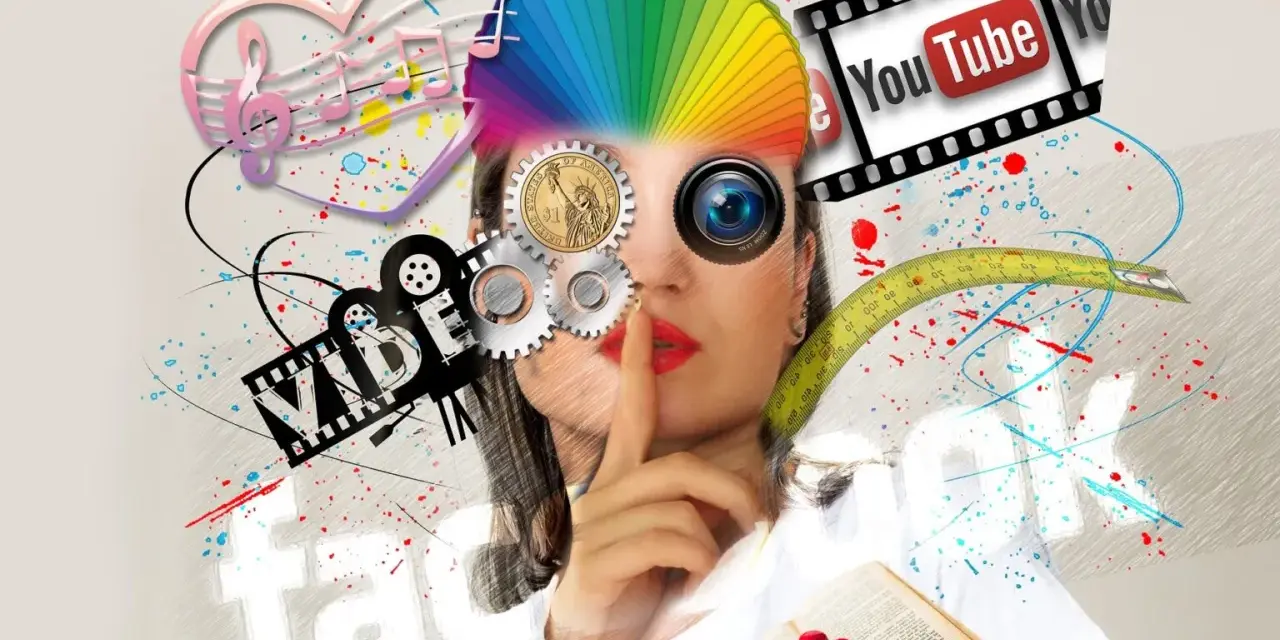 Mujer con elementos de redes sociales y diseño, simbolizando estrategias de comunicación.