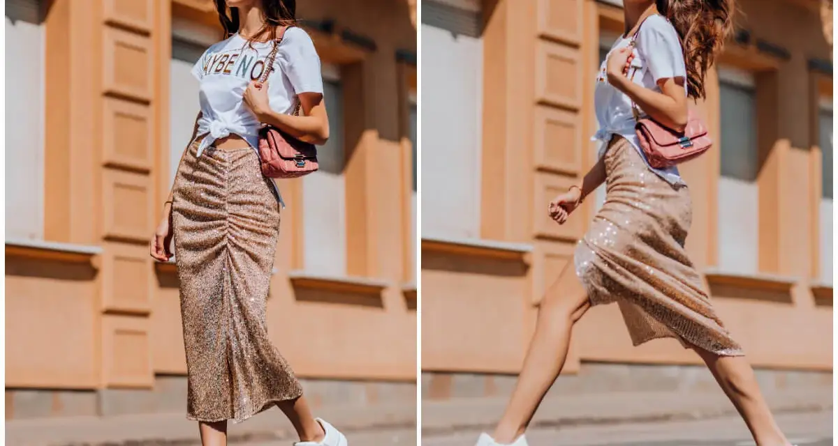 Kobieta w błyszczącej spódnicy i białej koszulce prezentuje miejski styl. Jej stylizacja to kwintesencja street fashion.