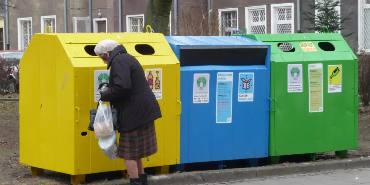 Starsza pani segreguje odpady przy kolorowych zsypach. Kto stoi za nowymi przepisami o segregacji odpadów w zsypach w starych blokach?