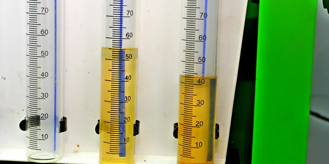 Trzy menzurki z podziałką. W dwóch z nich widać żółty płyn, prawdopodobnie benzyna w oleju, na poziomie około 50 i 40 ml.