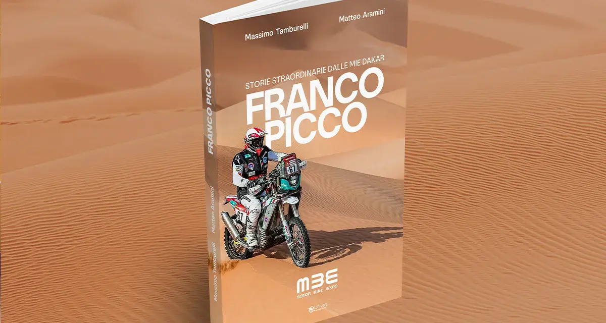Copertina libro "Storie straordinarie dalle mie Dakar" di Franco Picco, con un pilota su moto nel deserto.