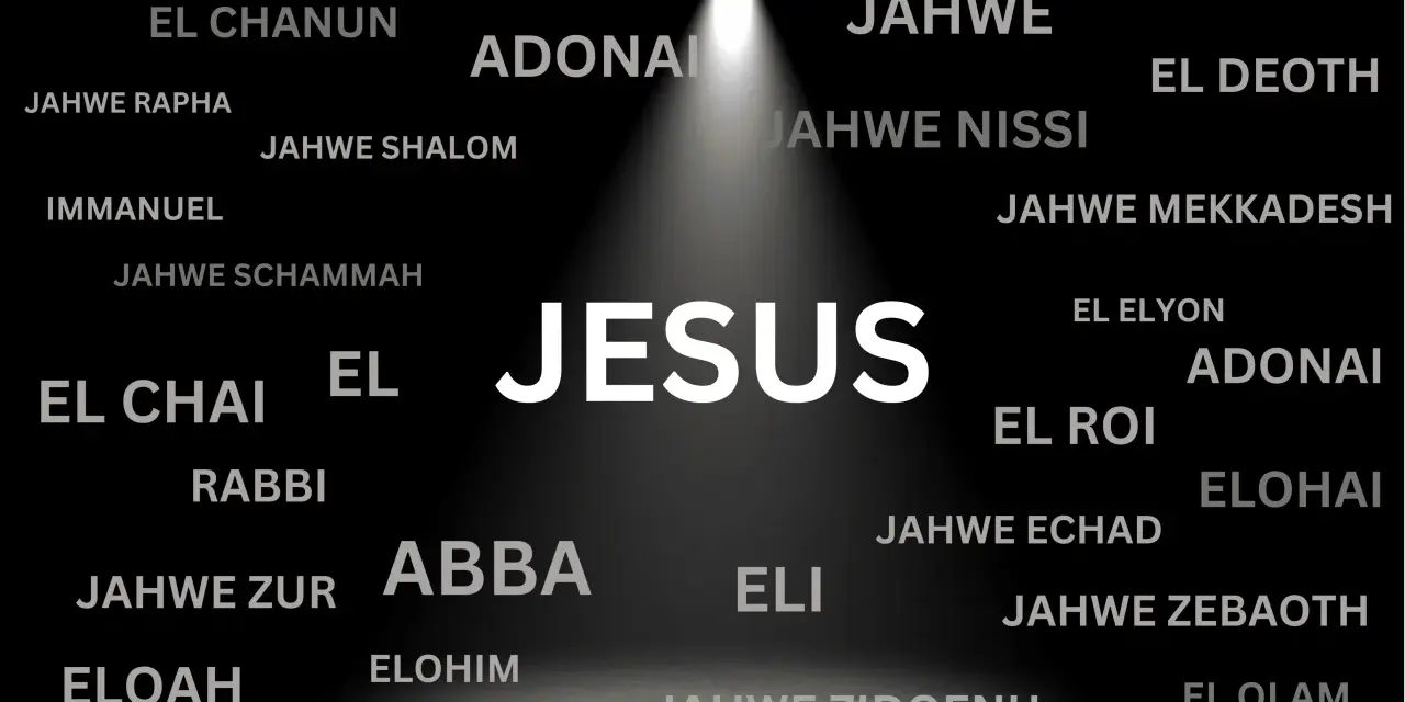 JESUS im Licht, umgeben von Namen Gottes wie El Shaddai, Adonai, Elohim. Ein starkes Symbol, um an Gott zu glauben.