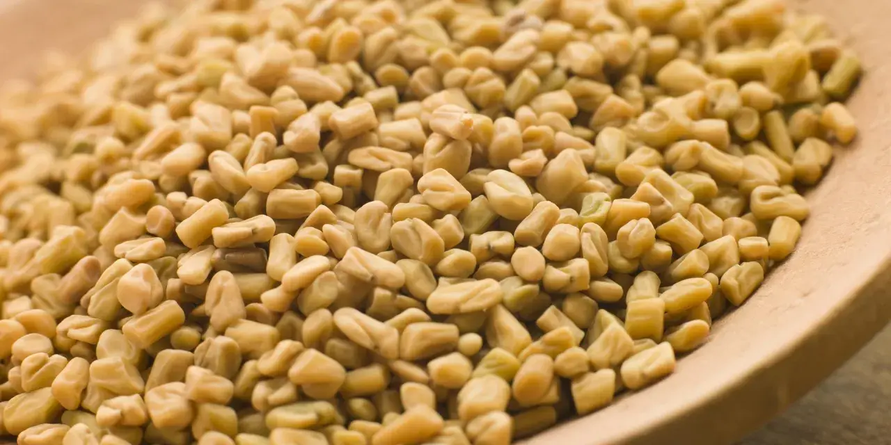 Graines de fenugrec sur une cuillère en bois, une aide naturelle pour gérer l'hypertension.
