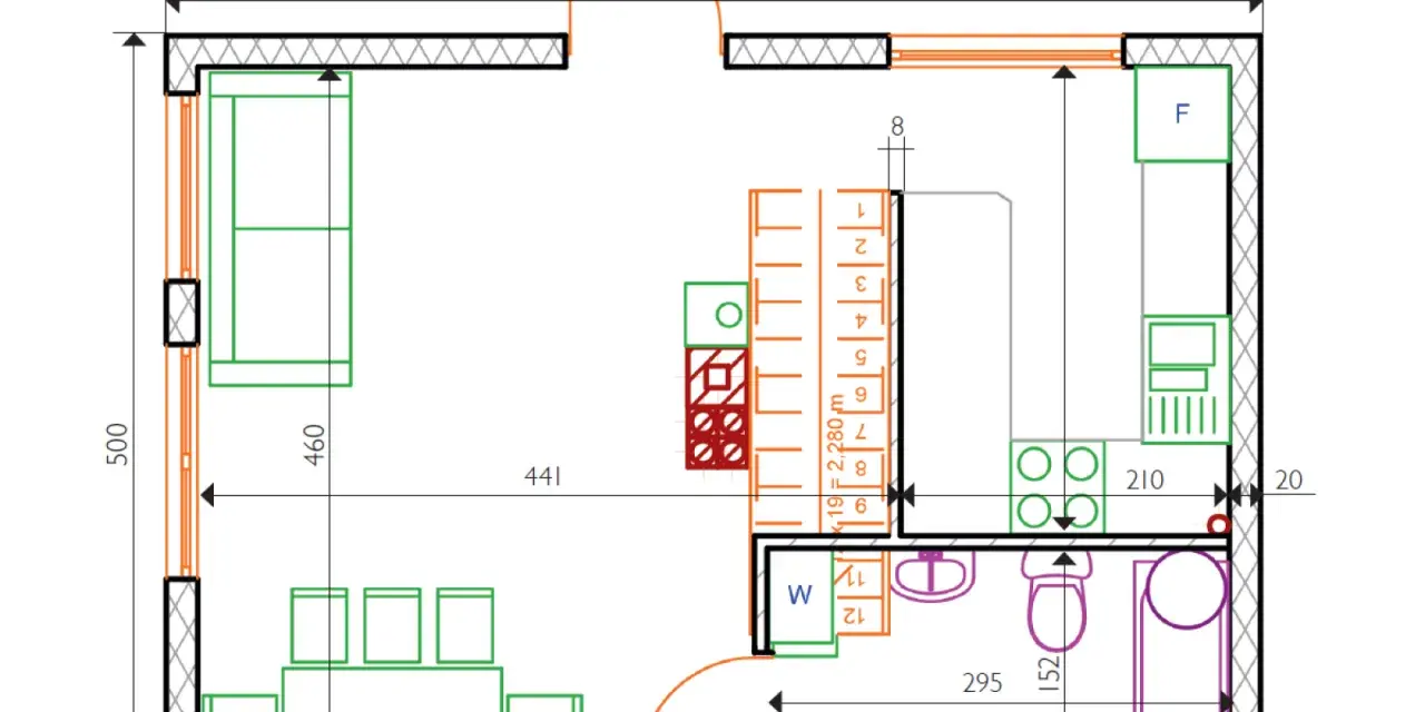 Projekt domu 35m2: rzut parteru z zaznaczonymi meblami, kuchnią, łazienką i drzwiami. Wymiary pomieszczeń.