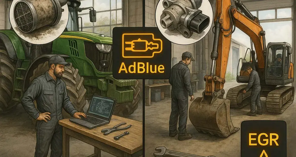 Mechanicy pracują przy traktorze i koparce. Na ekranie laptopa schemat, obok narzędzia. Widoczne symbole AdBlue i EGR.