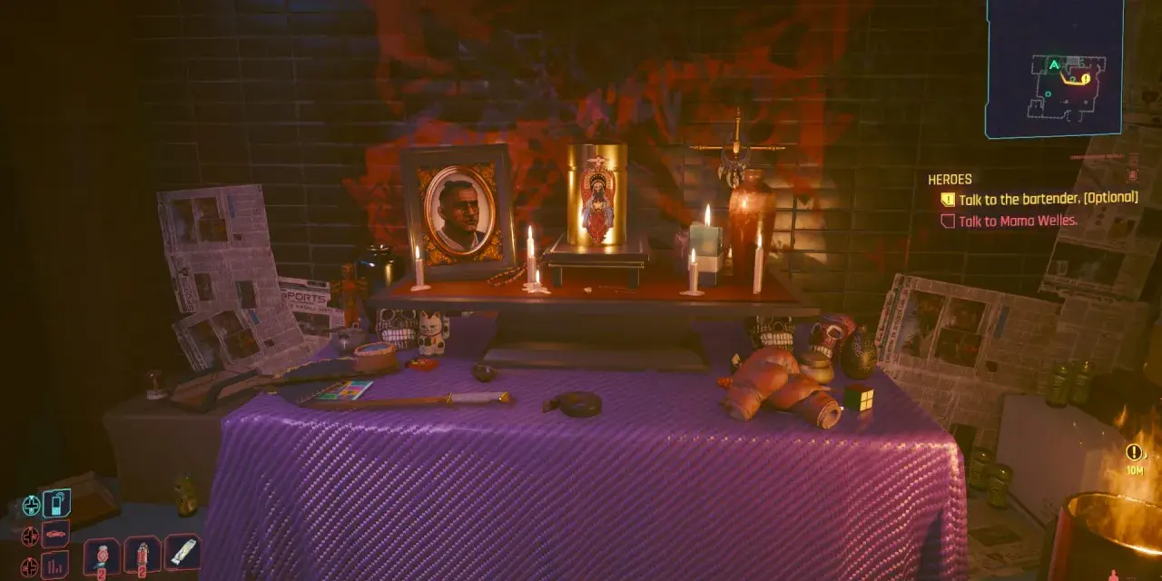 Ofrenda de paz cyberpunk con retrato, velas, calaveras y ofrendas.