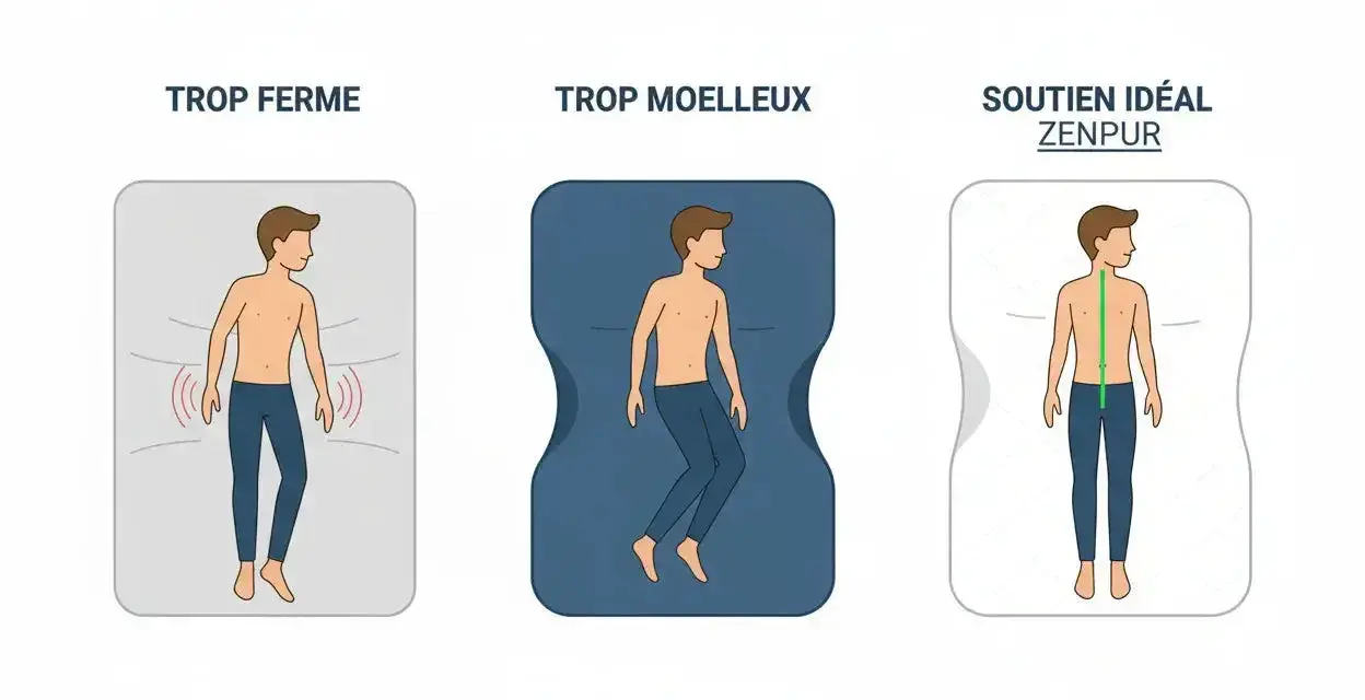Un homme sur un matela dur, trop ferme, montre une mauvaise posture. Un matelas trop mou le fait s'enfoncer. Le soutien idéal maintient la colonne vertébrale droite.