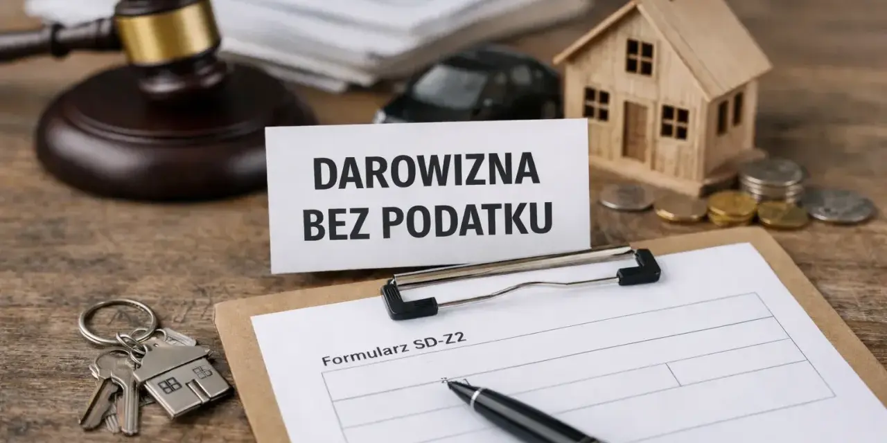 Klucze do domu, mały domek, monety i dokumenty na drewnianym stole. "Darowizna bez podatku" - tekst na kartce.