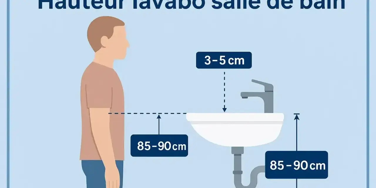 Illustration showing a person and a sink. The ideal height for a bathroom vanity is 85-90 cm, with the faucet 3-5 cm above the sink.