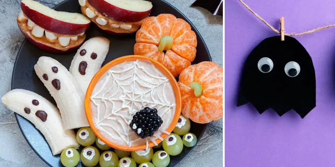 Rolig halloweenmat för barn: bananghay, äppelskräck och spindelnätsdipp.