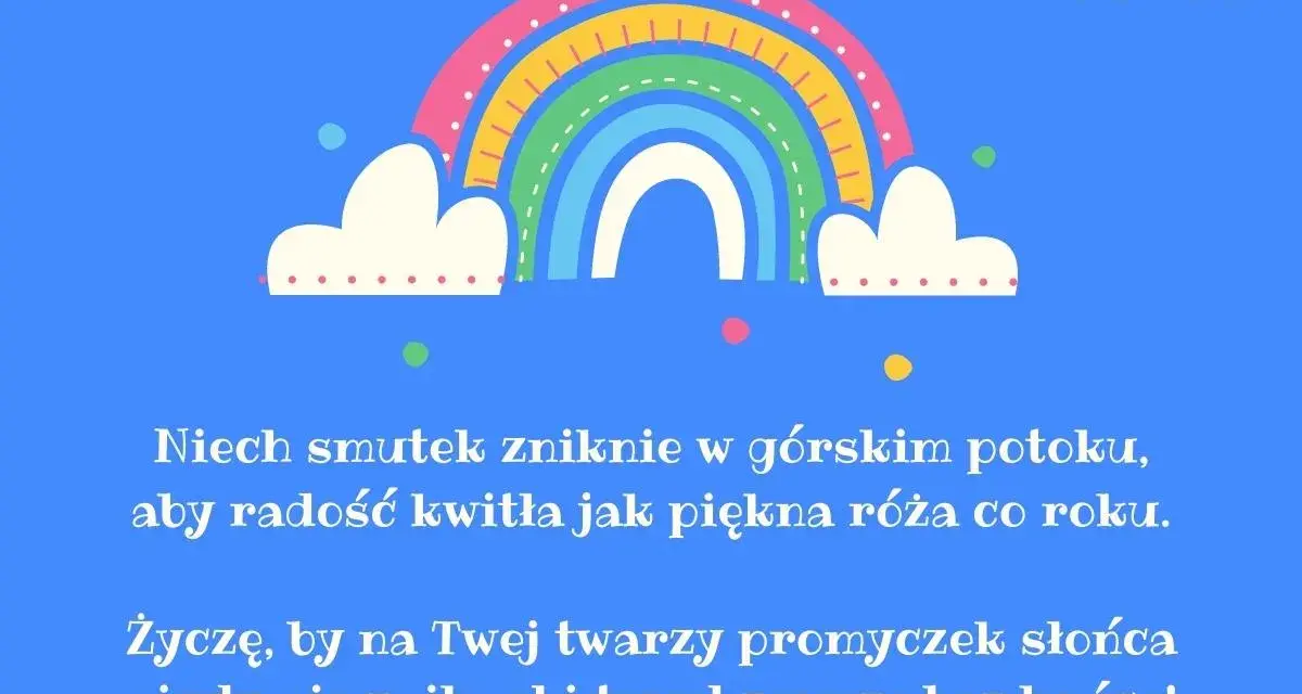 Kolorowy tęczowy łuk z chmurkami i życzeniami na Dzień Dziecka. Niech radość kwitnie!