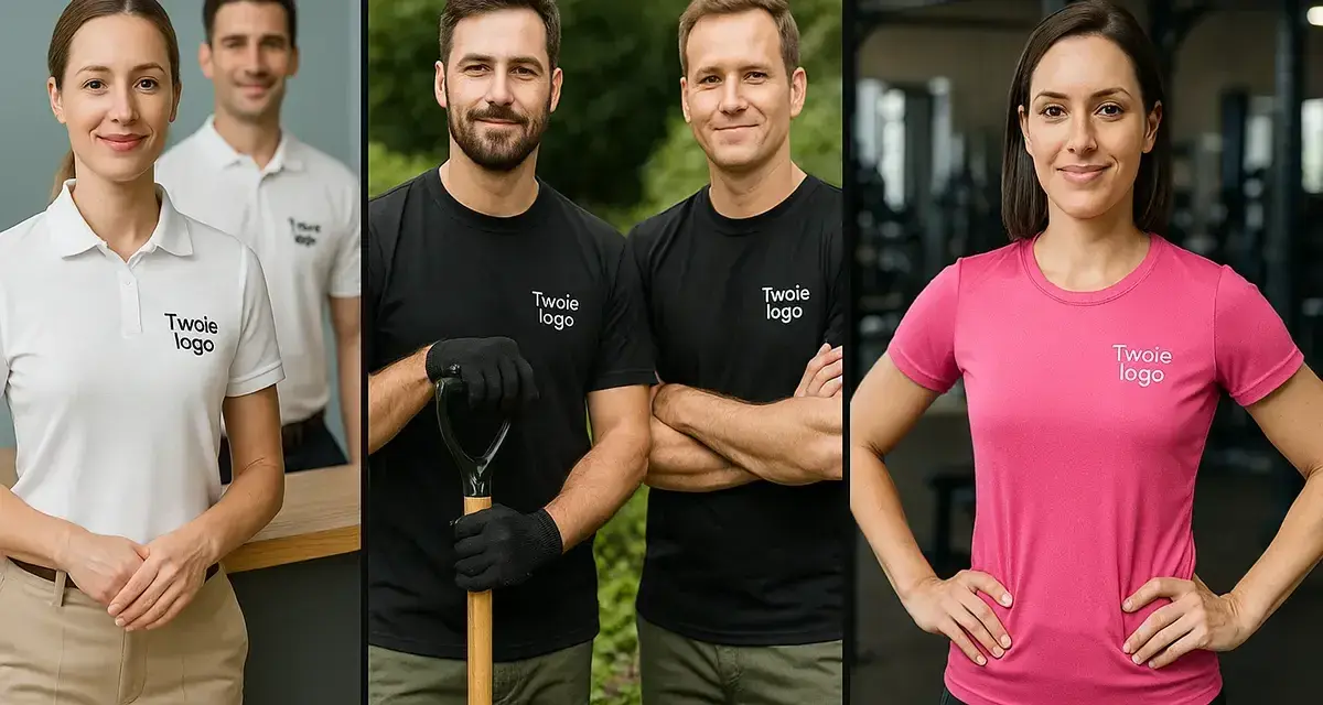 Uśmiechnięci pracownicy w koszulkach z logo firmy. Białe polo, czarne t-shirty z łopatą i różowa koszulka sportowa.