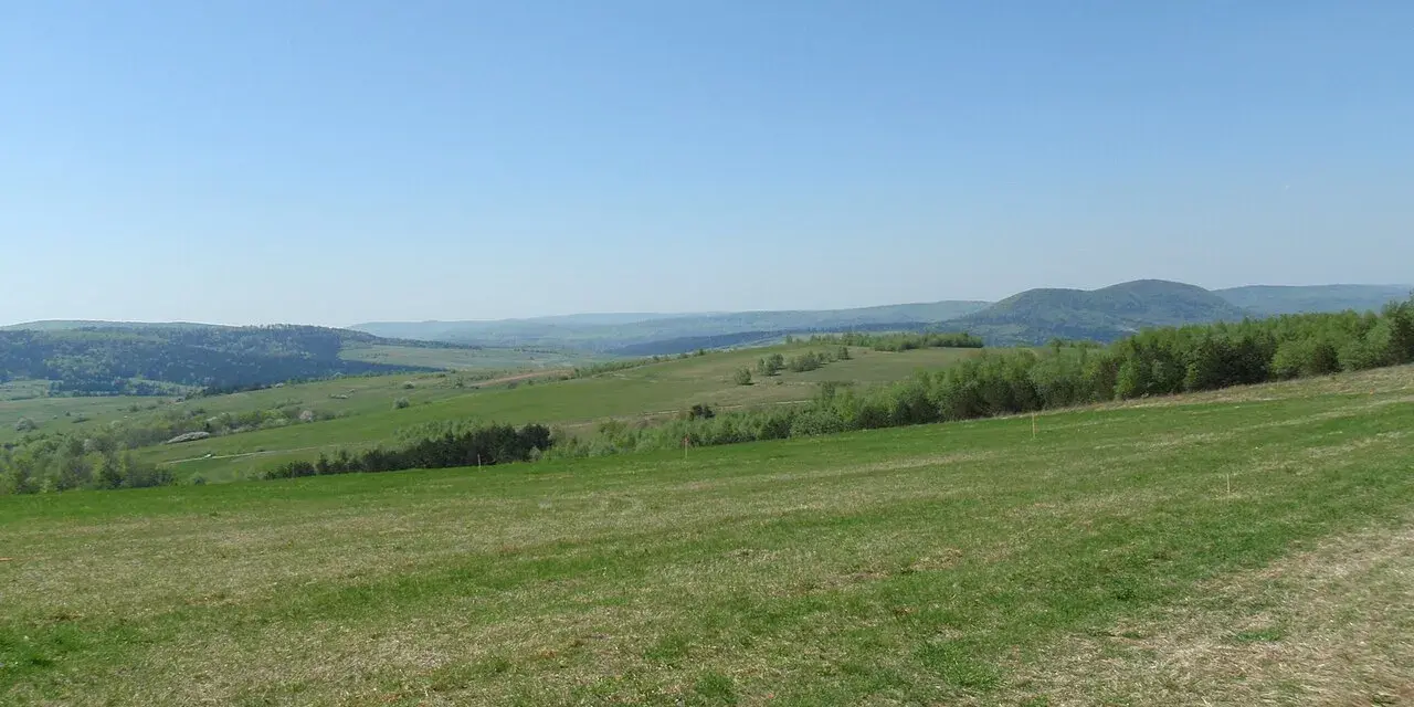 Zielone wzgórza i lasy rozciągają się aż po horyzont. Idealne miejsce na przymiarki do punktu widokowego.