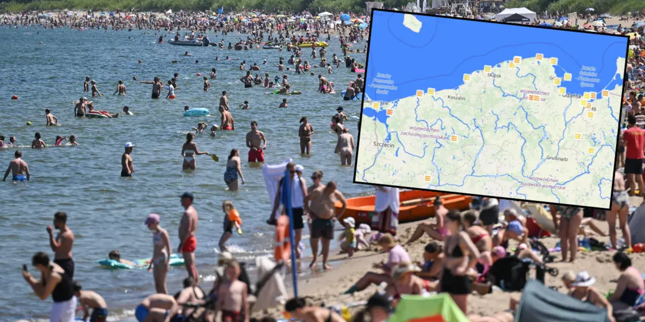 Tłum ludzi na plaży i w wodzie. Mapa pokazuje polskie wybrzeże Bałtyku, gdzie letnie temperatury są idealne do kąpieli.