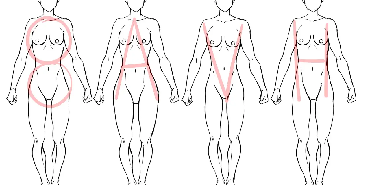 Quatre silhouettes féminines esquissées, chacune avec des formes géométriques roses sur le torse et les hanches, illustrant des bases de dessin de fille.