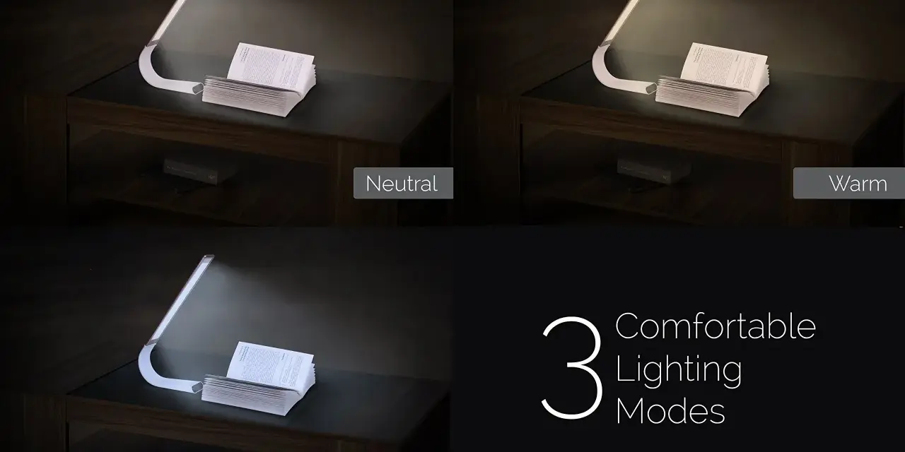 Modern usb lampa med tre ljuslägen: neutral, varm och kall. Perfekt för läsning och arbete.