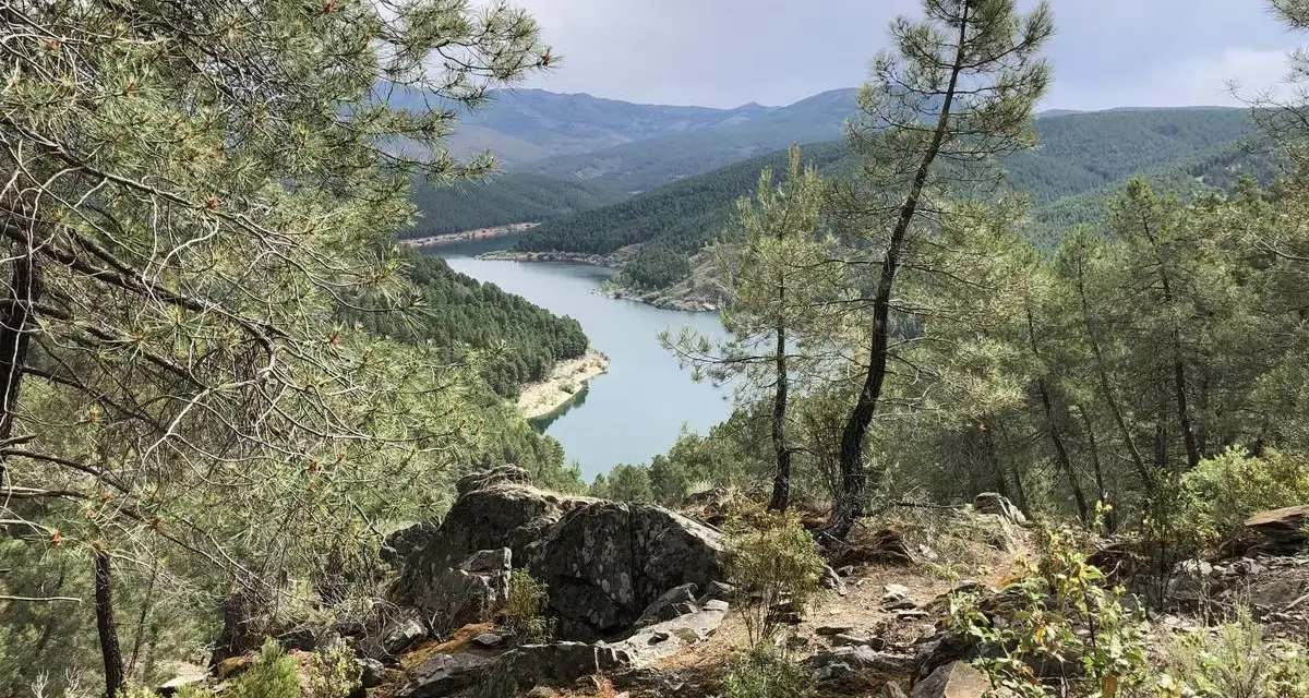 Vista panorámica del embalse de El Vado, rodeado de pinos y montañas. El agua serena refleja el cielo nublado.