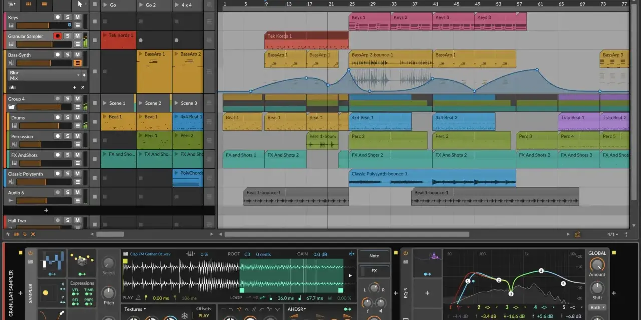 Wielostrefowy projekt w Bitwig Studio z warstwami instrumentów, sampli i efektów.