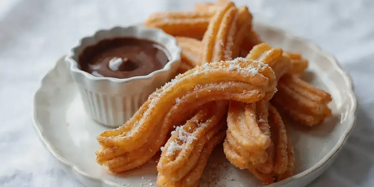 Churros przepis: złociste, chrupiące paluszki posypane cukrem, podane z miseczką gorącej czekolady. Idealne na deser!