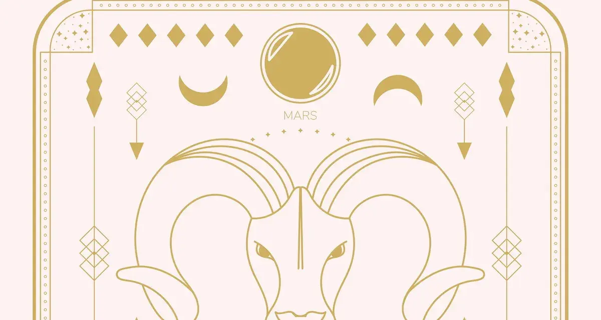 Złoty baran z rogami, symbol znaku zodiaku. Nad nim Mars i księżyce. Poznaj ciekawostki o znaku zodiaku baran!