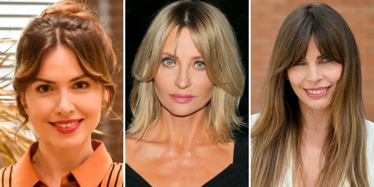Trzy kobiety: jedna z upiętymi włosami, druga z blond włosami i grzywką curtain bangs, trzecia z długimi brązowymi włosami i grzywką curtain bangs.