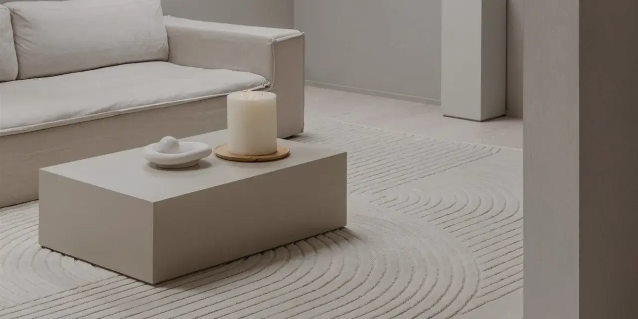 Salon w odcieniach ivory: sofa, stolik kawowy, świeca i dywan z geometrycznym wzorem tworzą spokojną aranżację.