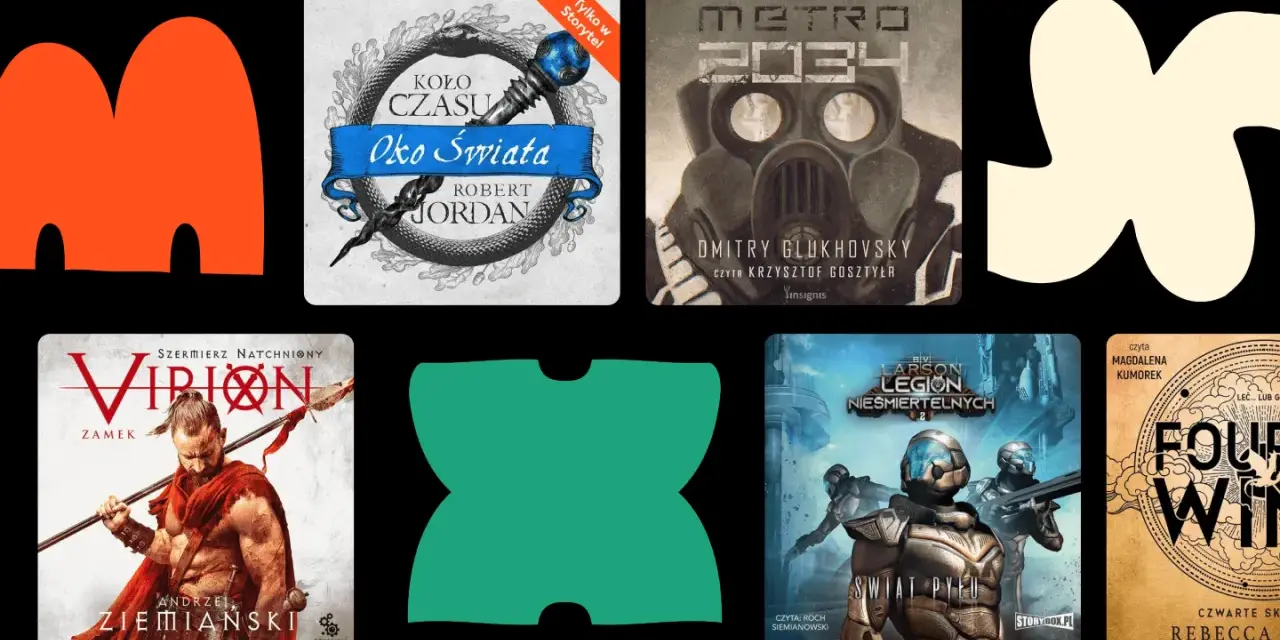 Kolekcja najlepszych audiobooków fantasy: "Oko Świata", "Metro 2034", "Virion", "Legion Niesmiertelnych" i "Czarne Skrzydło".