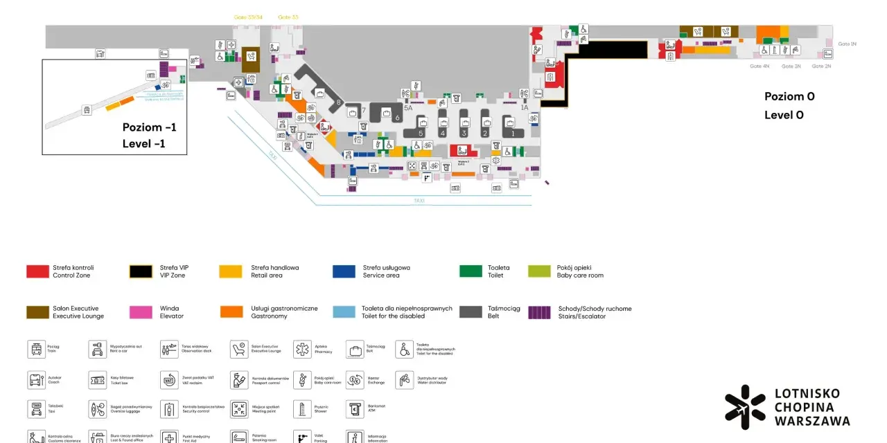 Mapa lotniska Chopina: Poziom -1 i 0 z zaznaczonymi restauracjami, toaletami, kontrolami i innymi usługami.