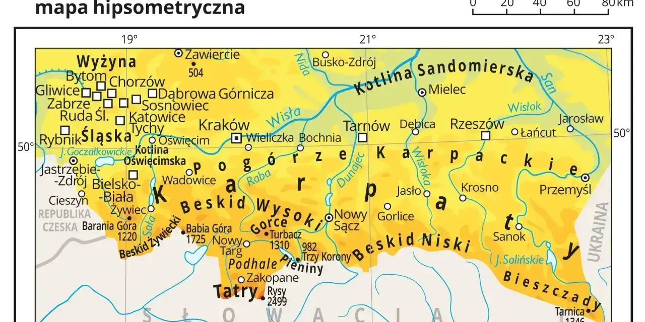 Mapa Polski z zaznaczonymi Karpatami, gdzie leżą Beskidy Wysokie, Tatry i Bieszczady, z miastami jak Kraków, Rzeszów i Zakopane.