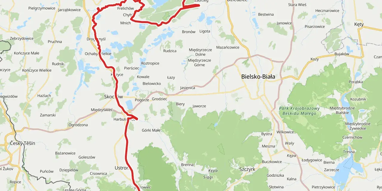 Trasa rowerowa wzdłuż Wisły na Śląsku, prowadząca przez malownicze tereny od Wisły do Bielska-Białej.