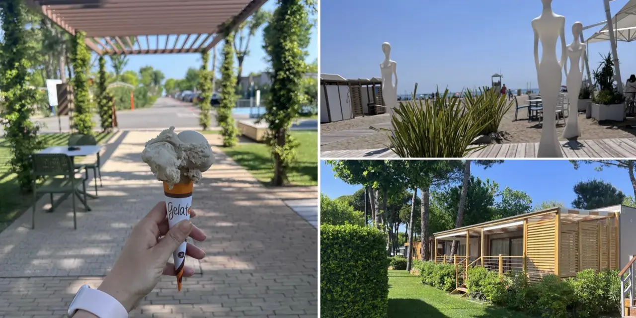 Lody na patyku i plażowe rzeźby na Marina di Venezia Camping. W tle widać domki kempingowe i alejkę.