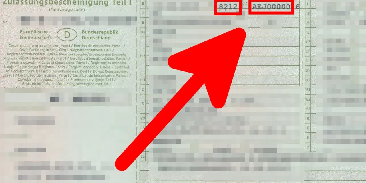 Fahrzeugschein mit markiertem Kennzeichen AEJ00000, das zu einem hsn Opel gehört.