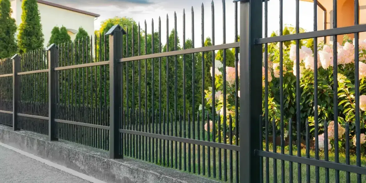 Betonowy murek jako alternatywa dla podmurówki pod ogrodzenie. Czarny metalowy płot z ostrymi zakończeniami.