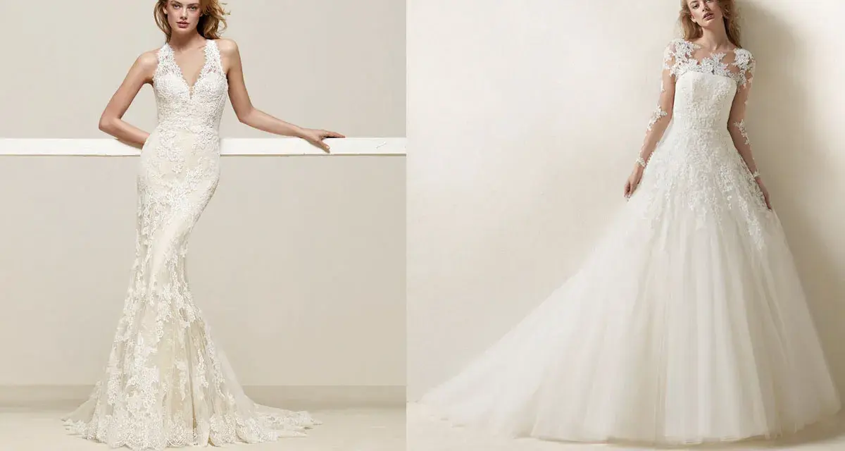 Due abiti da sposa in pizzo, uno a sirena con scollature particolari e l'altro principesco con maniche lunghe.