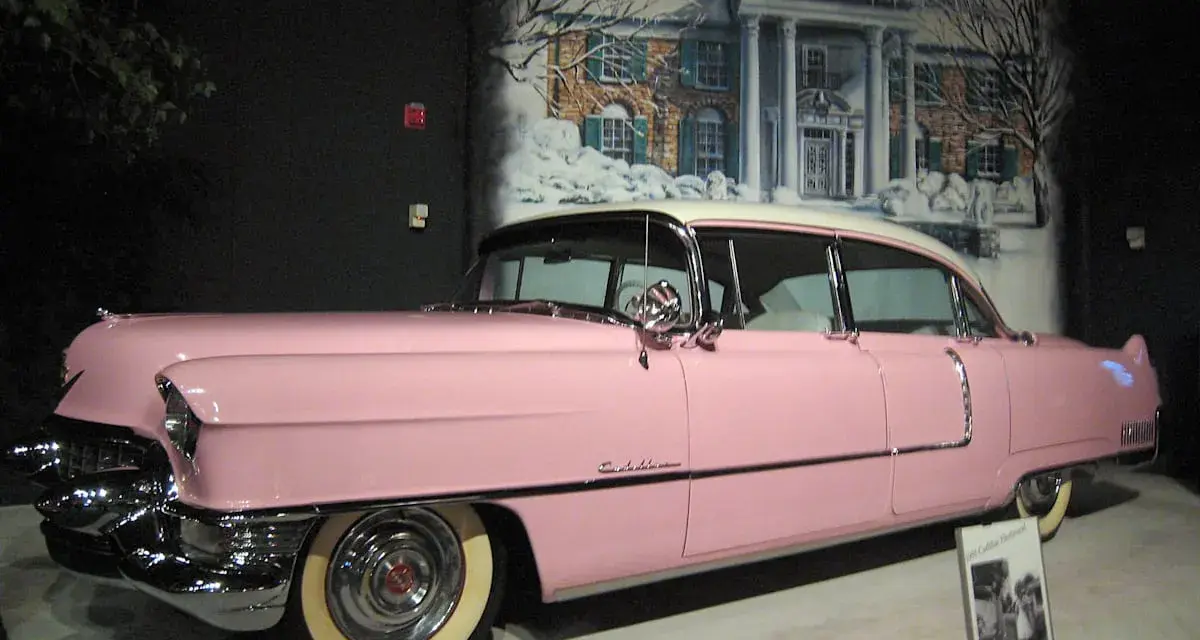 Ein rosafarbener Cadillac, der einst Elvis Presley gehörte, steht vor einer gemalten Kulisse von Graceland.