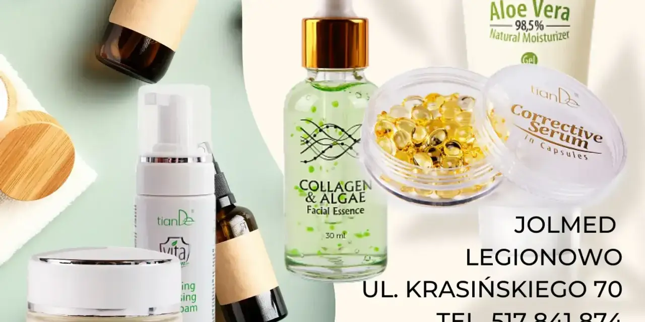 Zestaw kosmetyków TianDe: krem, serum, żel z aloesem, esencja z kolagenem i algami. W składzie niektórych produktów może znajdować się alcohol denat.