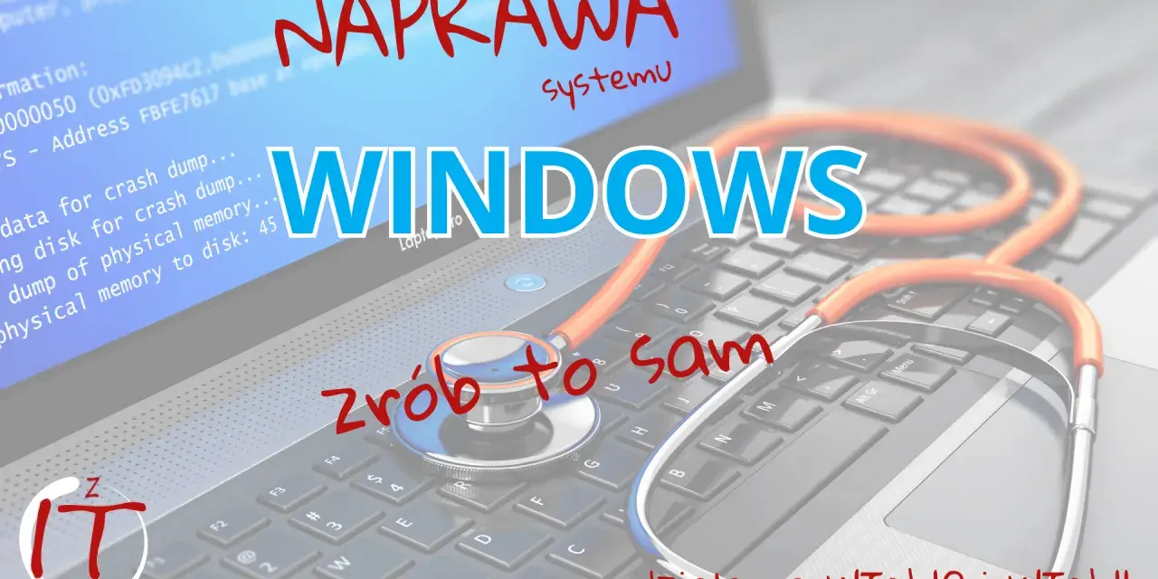 NAPRAWA systemu WINDOWS. Stetoskop na klawiaturze sugeruje, że możesz sam naprawić problemy, jakbyś diagnozował komputer. Działa na WIN 10 i WIN II.