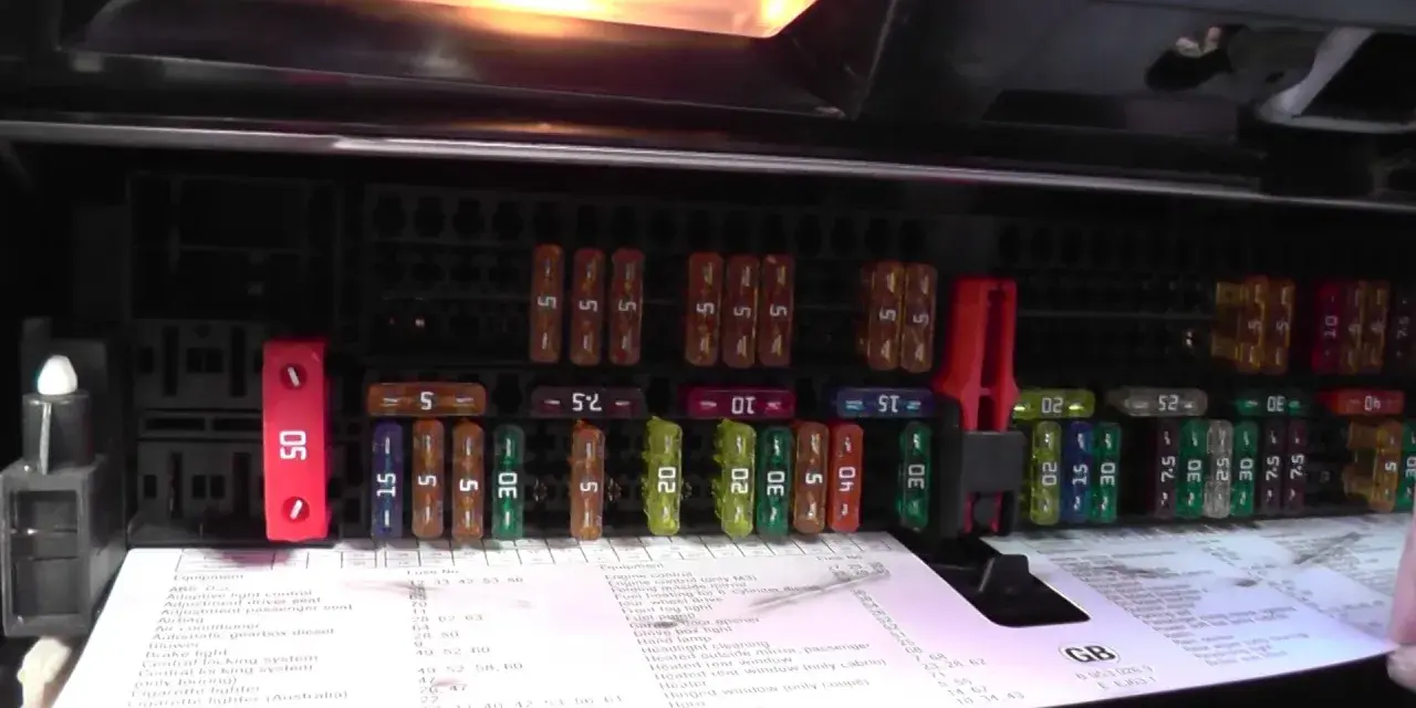 Panel z bezpiecznikami BMW E46, z czerwonym bezpiecznikiem 50A i innymi o różnej wartości.