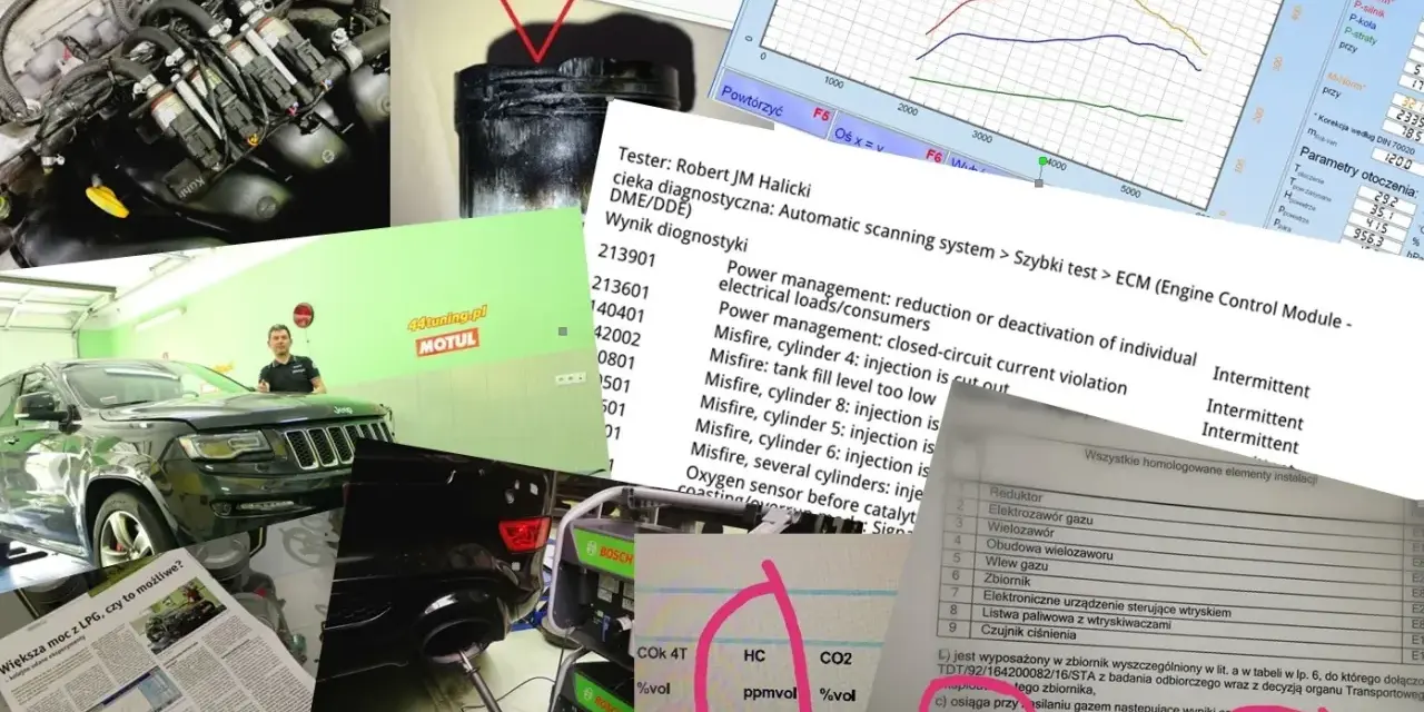 Silnik nie przełącza na gaz. Wyniki diagnostyki wskazują na problemy z wtryskiem i zarządzaniem mocą.
